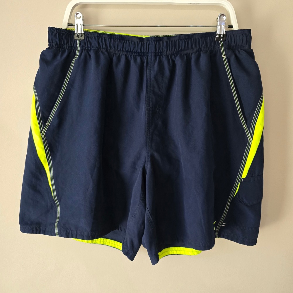 Nike Mens XXL Swim Trunks Navy Blue Neon Yellow Volt Mesh Lined 7 Inch Inseam
